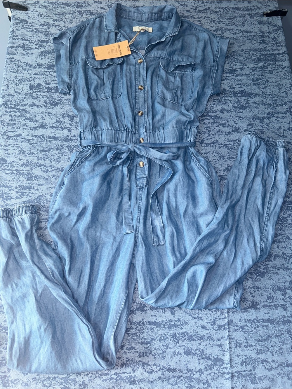 Thread & Supply Light Blue Denim Tie-Waist Jumpsuit